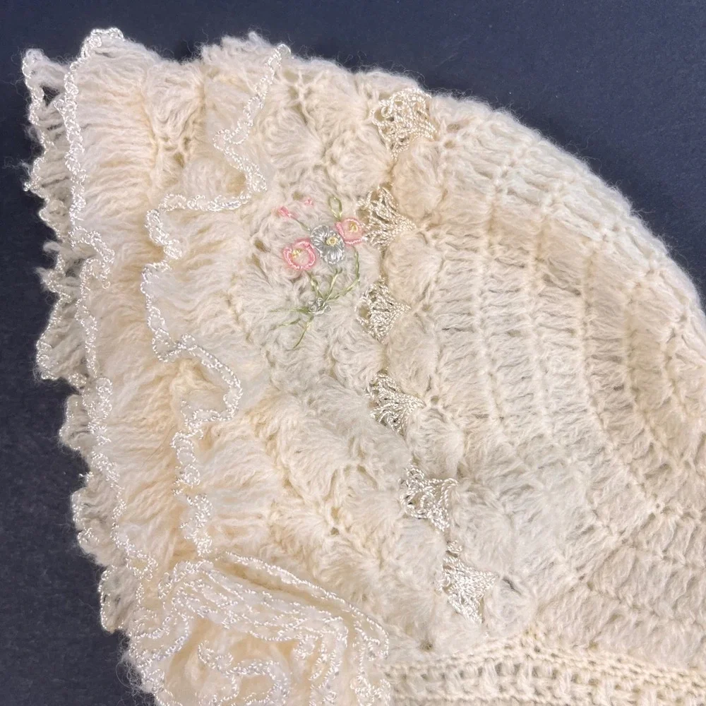 Vtg Mid Century Crochet Baby Bonnet Floral Embroidery Lace Ruffle Pom Pom Ties